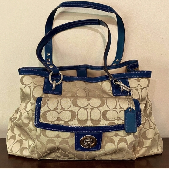 Coach F19043 Khaki/navy Penelope Signature Satchel Handbag - Picture 1 of 9